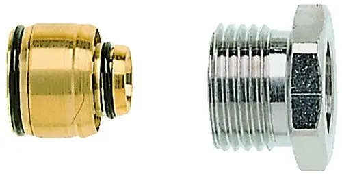 Vernickelte Klemmverschraubung mit zwei Teilen, zur Verbindung von Rohren. Teil für das Innengewinde ist klar erkennbar. Produkt von IMI Hydronic Engineering.